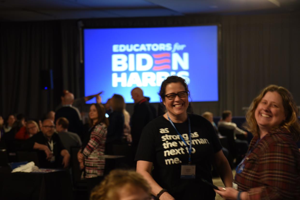 Two educators pose for a picture at the Education Minnesota’s convention in Bloomington, Minn. with the American Federation of Teachers (AFT) and National Education Association (NEA) where First Lady Dr. Jill Biden spoke on April 19, 2024.