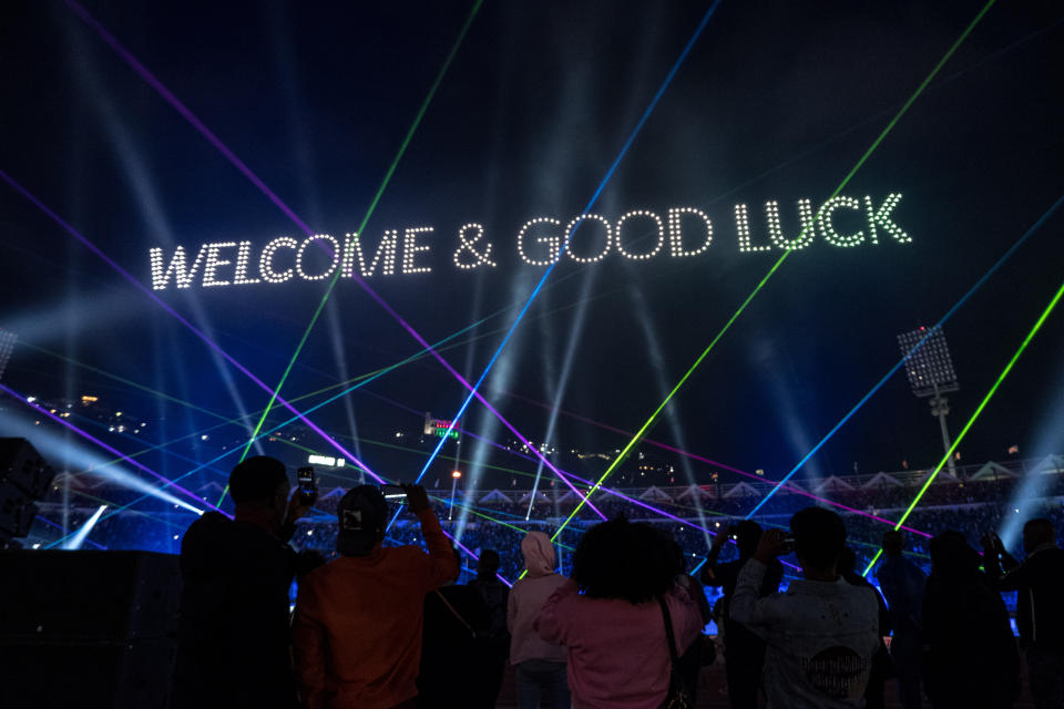 ANTANANARIVO, MADAGASCAR - AUGUST 25: Light beam show during the opening ceremony of 2023 Indian Ocean Island Games at Barea Mahamasina Stadium in Antananarivo, Madagascar on August 25, 2023. (Photo by Rafalia Henitsoa/Anadolu Agency via Getty Images)