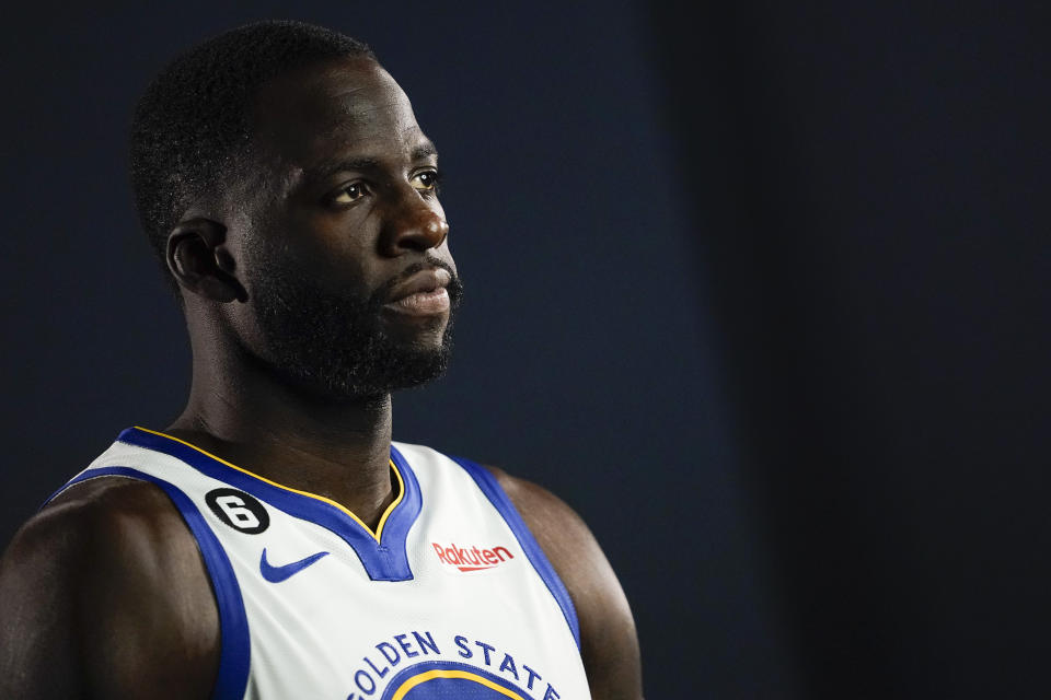 Golden State Warriors forward Draymond Green poses for a photograph during an NBA basketball media day in San Francisco, Sunday, Sept. 25, 2022. (AP Photo/Godofredo A. Vásquez)