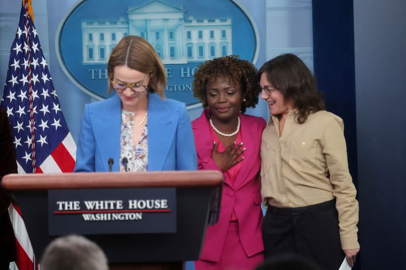 White House Press Secretary Karine Jean-Pierre holds a press briefing with cast members from The L Word at the White House