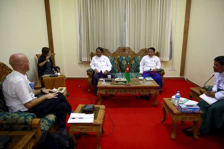 Senior Union Solidarity and Development Party (USDP) adviser Aung Thaung (3rd L) speaks during an interview at the party's office in Naypyitaw May 14, 2015. REUTERS/Soe Zeya Tun