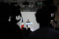 Far-right National Rally party president Jordan Bardella gives a press conference, Monday, June 24, 2024 in Paris. The upcoming two-round parliamentary election will take place on June 30 and July 7. (AP Photo/Christophe Ena)