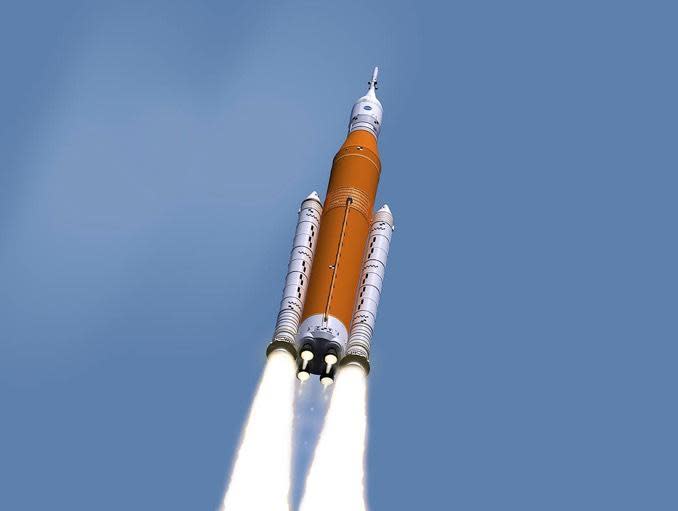 An artist's impression of a Space Launch System rocket during launch. / Credit: NASA