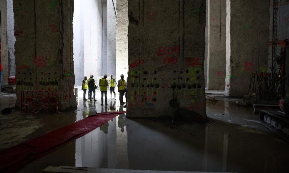 Workers at the site of the Austerlitz basin, the water storage and treatment facility under construction in central Paris.