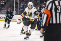 Vegas Golden Knights defenseman Nicolas Hague skates during the first period in an NHL hockey game against the Seattle Kraken Tuesday, March 12, 2024, in Seattle. (AP Photo/Maddy Grassy)