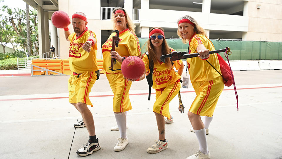 Cosplayers dressed as Dodgeball: A True Underdog Story characters attend the 2023 Comic-Con International.