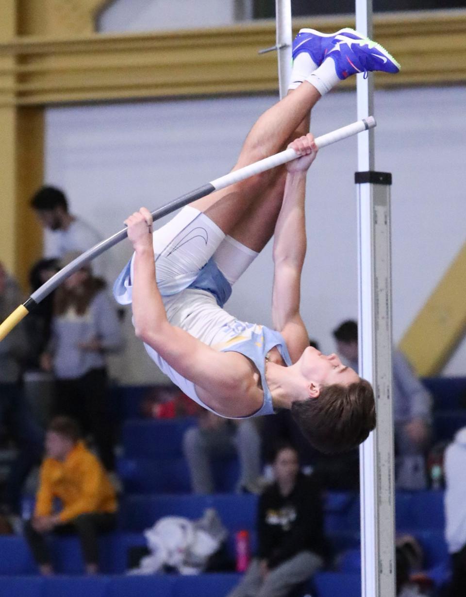 Cape Henlopen's Bailey Fletcher makes an attempt after winning the pole vault at 15' 0" during the DIAA indoor track and field championships at the Prince George's Sports and Learning Complex in Landover, Md., Saturday, Feb. 3, 2024.