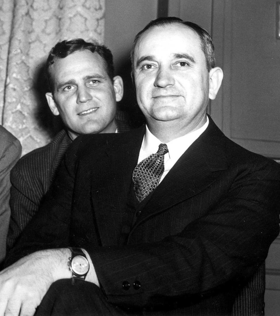 From the 1946-47 school year though 1953-54, the University of Kentucky employed Paul “Bear” Bryant, left, as its head football coach and Adolph Rupp, foreground, as its and men’s basketball coach.