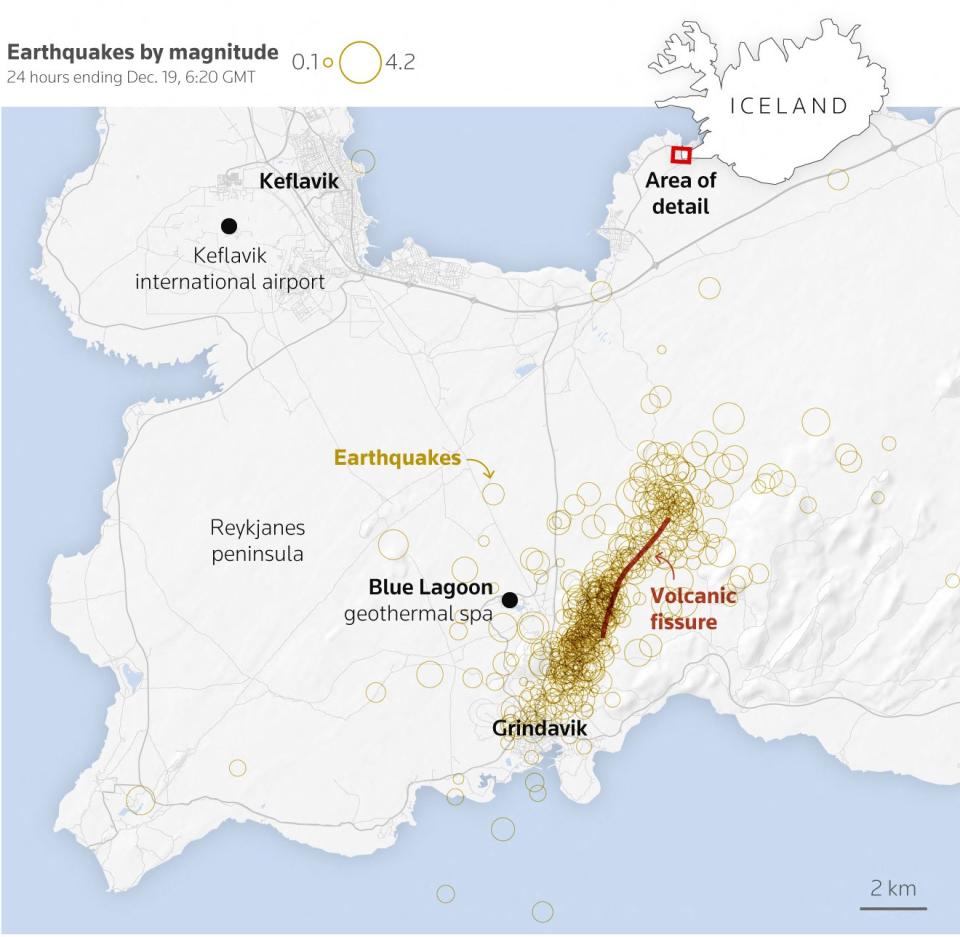 Map of the area showing a volcanic eruption.  (Reuters)