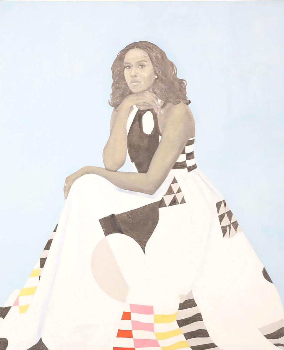 A detail of artist Amy Sherald's portrait of Michelle Obama. (Photo: Mark Wilson via Getty Images)