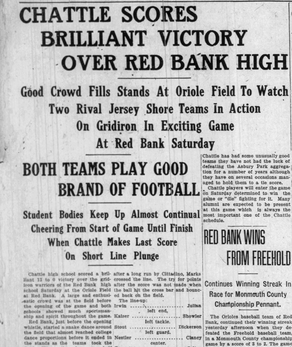 A story detailing Long Branch, then Chattle High School, beating Red Bank, 13-0, from the No. 5, 1923 edition of the Long Branch Daily Record. Long Branch and Red Bank meet for the 100th time on Thanksgiving.