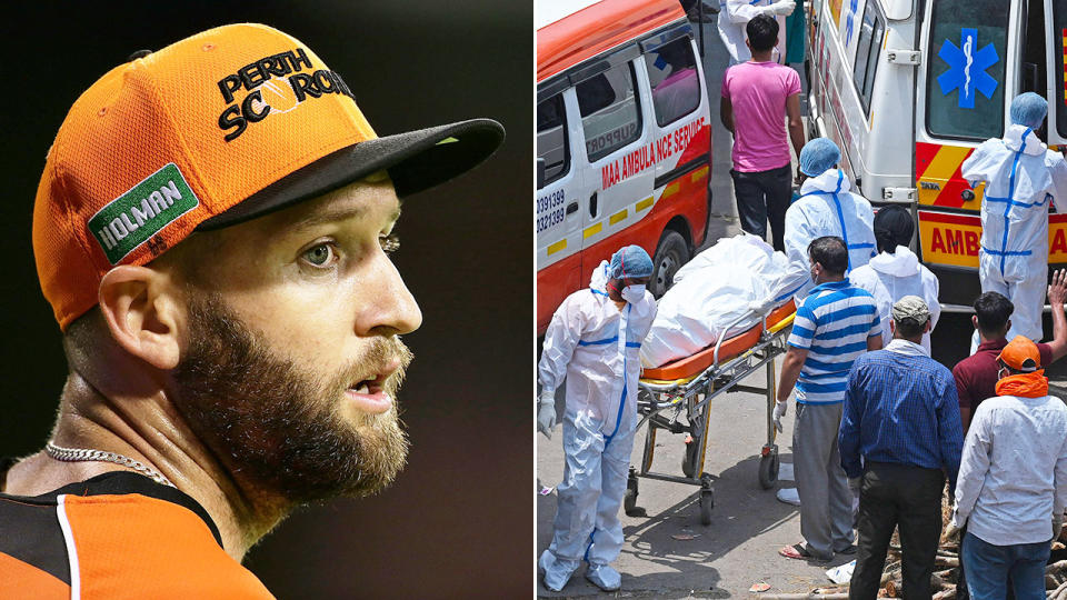 Seen here, Aussie bowler Andrew Tye has flown home from India amid the ongoing virus crisis.