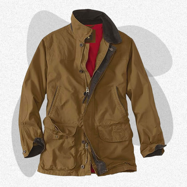 <p>Courtesy of Amazon</p><p>Keeping dry is easier with a longer jacket like Orvis’ Heritage Field Coat, which hits near the thigh to help keep your legs dry in inclement weather. The rugged barn jacket-style coat looks excellent with a warm flannel and denim, but it can also be dressed up. The jacket has plenty of pockets for secure storage, a full zip front with button closure, and is available in neutral olive and tobacco shades. With the Orvis name backing this jacket, it’s safe to feel just as confident in its performance when facing the elements as you would in its ability to make you look good.</p><p>[$275; <a href="https://www.amazon.com/dp/B073XTKRFR?&linkCode=ll1&tag=mj-waxedcanvasjackets-jzavaleta-080423-update-20&linkId=a50913fb760ad18ac50c72b0e7d2661b&language=en_US&ref_=as_li_ss_tl" rel="nofollow noopener" target="_blank" data-ylk="slk:amazon.com;elm:context_link;itc:0;sec:content-canvas" class="link ">amazon.com</a>]</p>