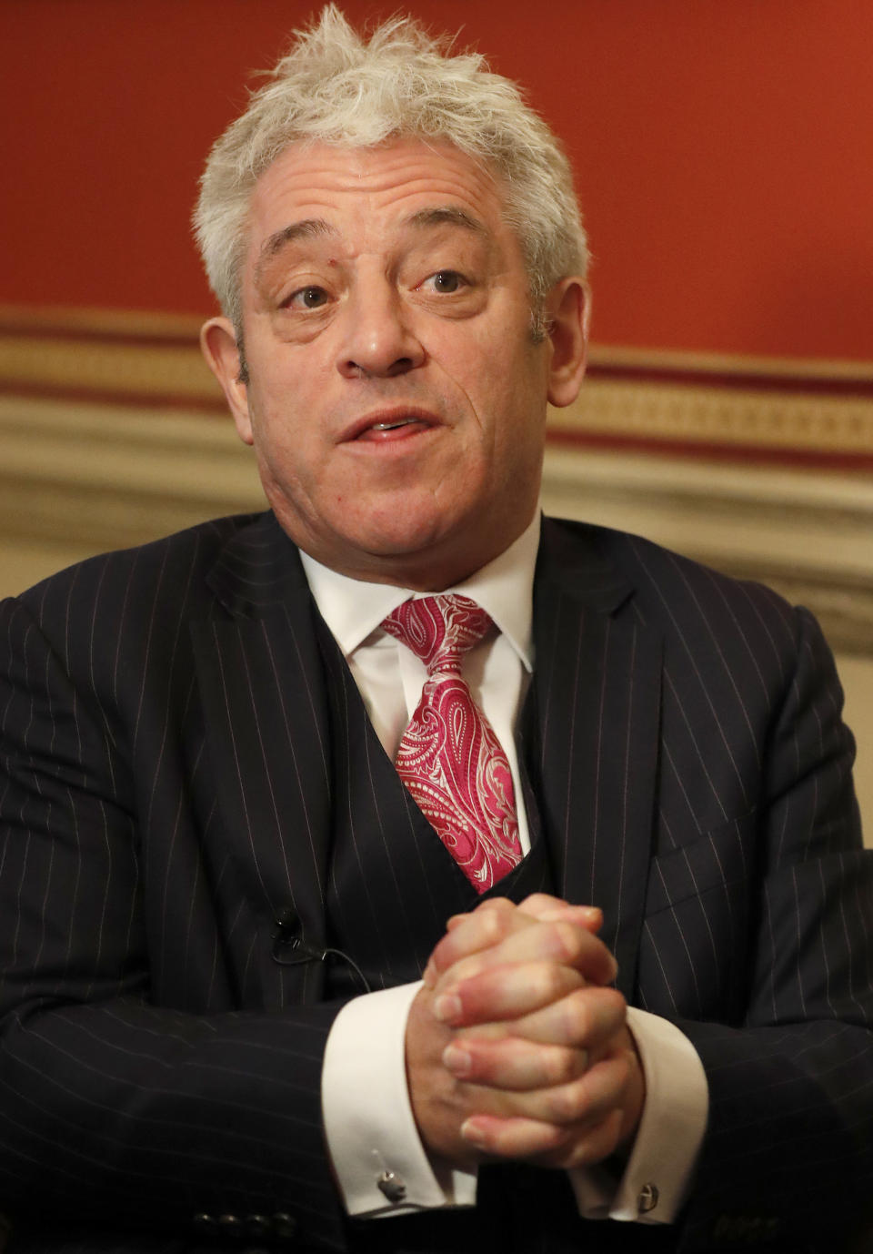 Former British House of Commons speaker, John Bercow, speaks during an interview with Associated Press in London, Thursday, Nov. 7, 2019. John Bercow says Brexit is a historic mistake and the country should not be bound by the close 2016 vote to leave the European Union. (AP Photo/Frank Augstein)