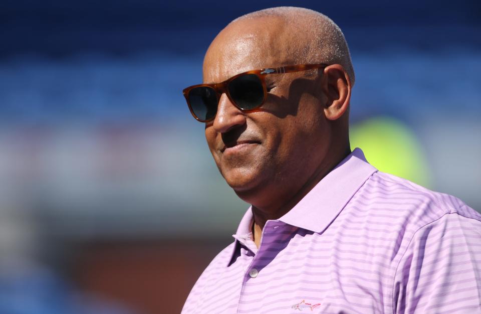 Omar Minaya, is shown as the Mets practice, Saturday, March 2, 2019.  