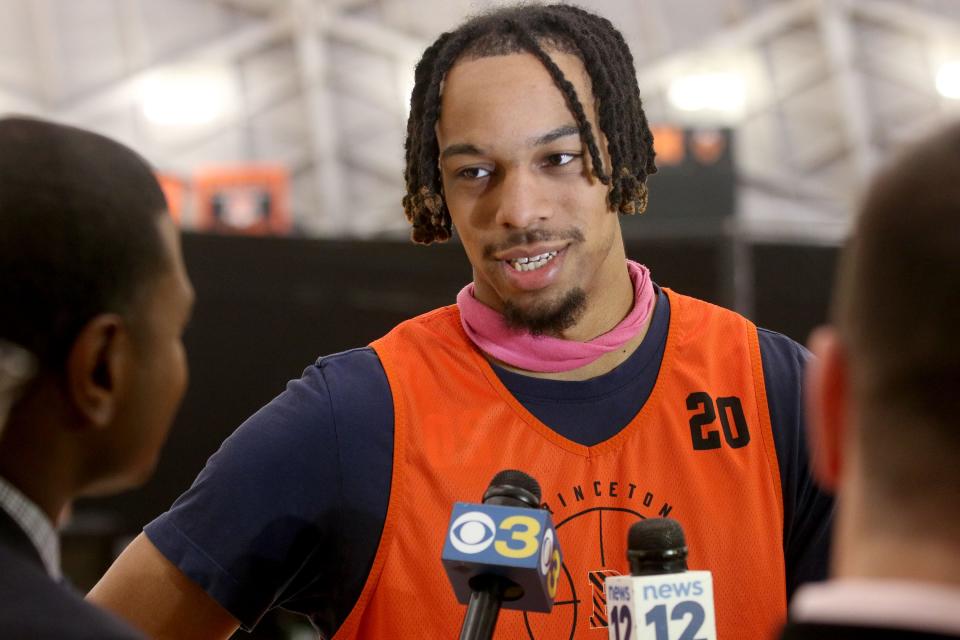 Princeton University Forward Tosan Evbuomwan speaks with the media gathered at the University's Jadwin Gym Monday afternoon, March 20, 2023.  The team were preparing for their NCAA Sweet 16 appearance.