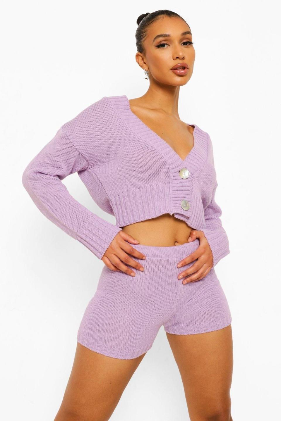 3) Cropped Cardigan and Knitted Short Set