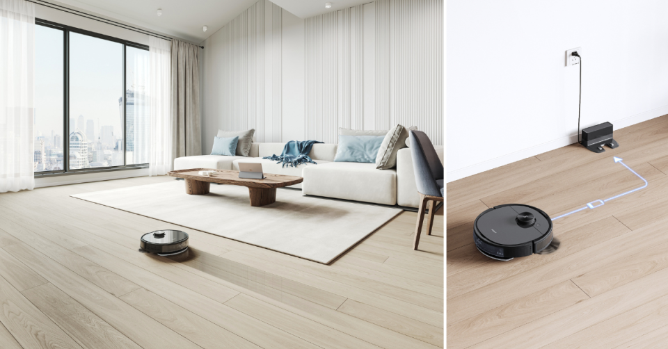 Left: An Aldi/Ecovacs robot vacuum and mop cleaning a modern apartment. Right: An Ecovacs robot returning to its docking station