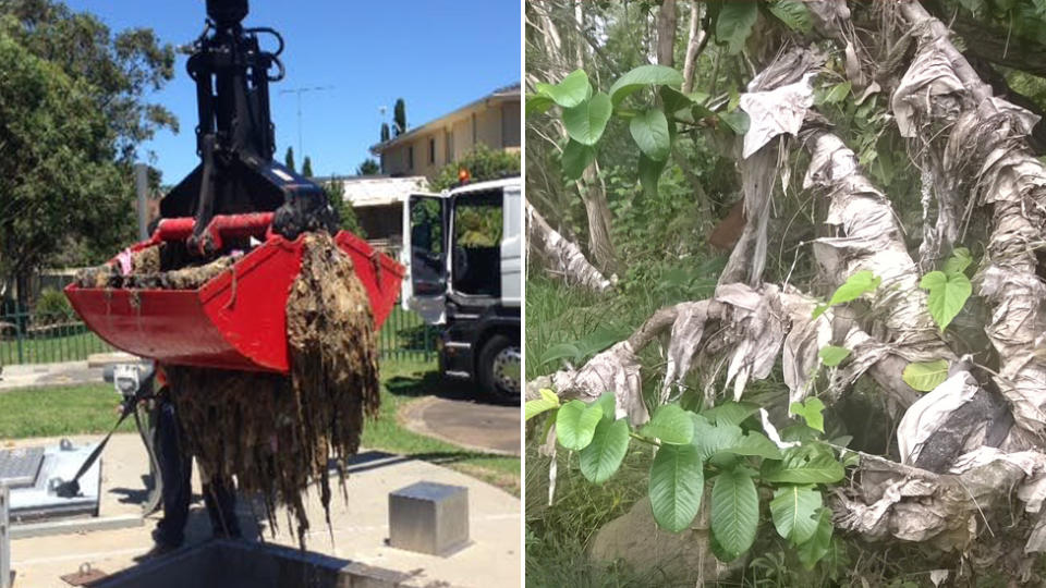 A crane is needed to unblock a pipe (left) and a creek littered with wipes (right).