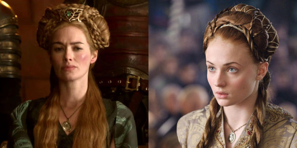 <p>When she was forced to marry Tyrion, Sansa's entire look screamed "Lannister," from the gold and lion-embellished dress to her Cersei-esque updo. It all serves as a not-so-subtle message that they own her and can make her do anything-even become one of them. </p>