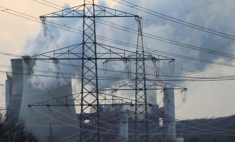 FILE PHOTO: Power lines are pictured in front of the Weisweiler lignite power plant of German utility and energy supplier RWE in Weisweiler near the western German city of Aachen