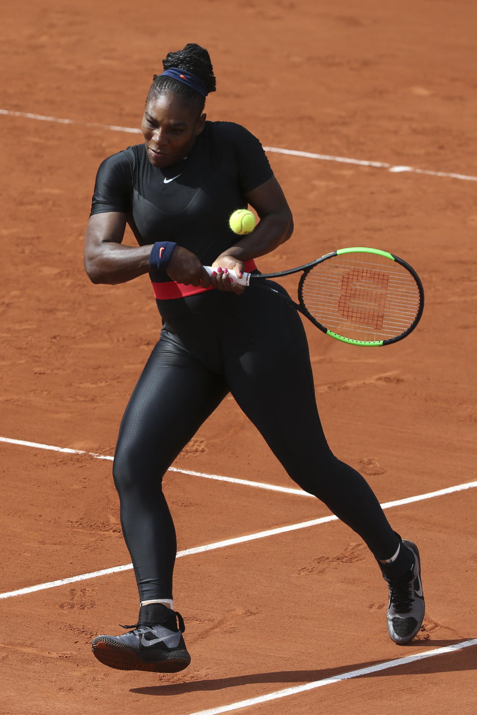 Williams at the French Open at Roland Garros Stadium on June 3 in Paris.&nbsp;She was barred from wearing the catsuit again at the tournament but will be able to play in it next year&nbsp;in Women&rsquo;s Tennis Association matches. (Photo: Jean Catuffe via Getty Images)