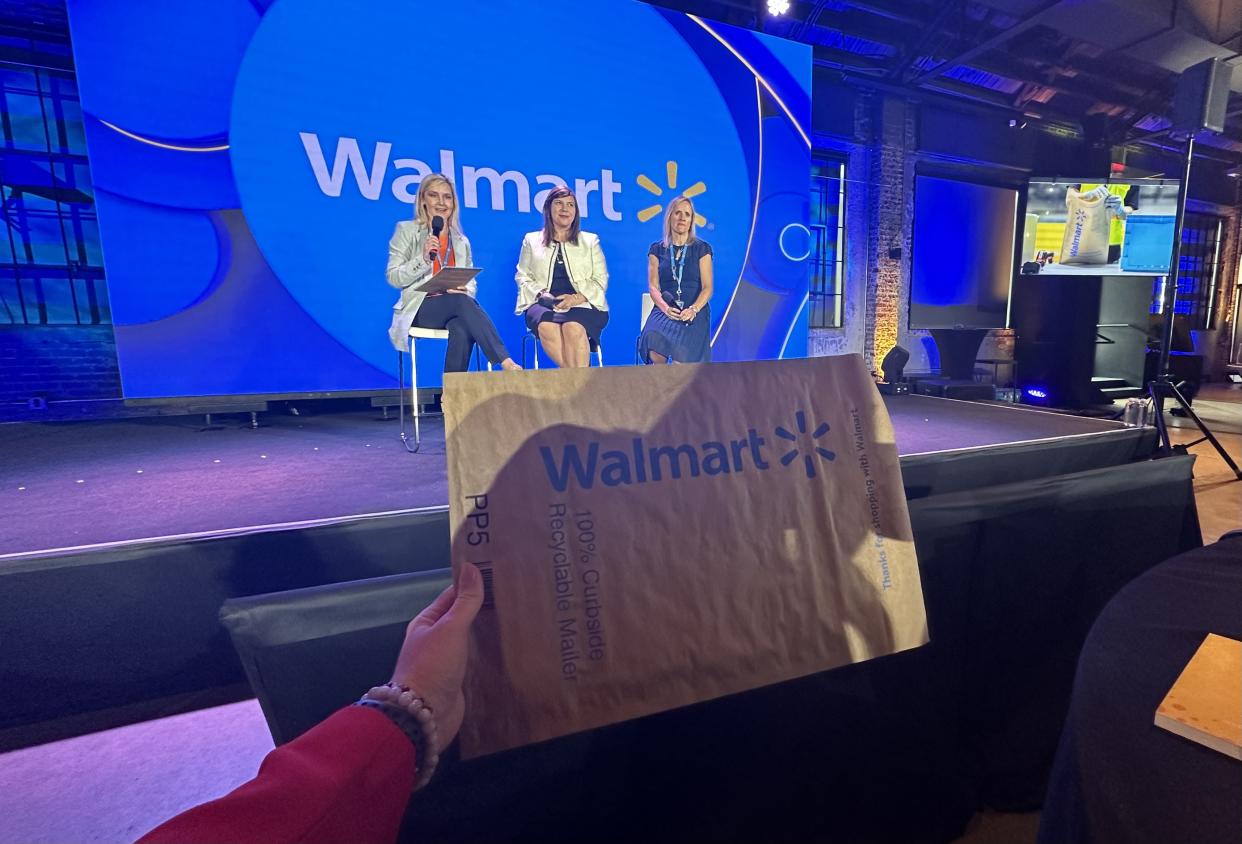 Walmart introduced new packaging, moving away from plastic mailers as it boosts itself as an omnichannel network. From left to right, Karisa Sprague, Walmart supply chain SVP, Jennifer McKeehan, Walmart end-to-end delivery SVP,  and Jane Ewing, Walmart sustainability SVP. (Photo taken by Brooke DiPalma/Yahoo Finance) 