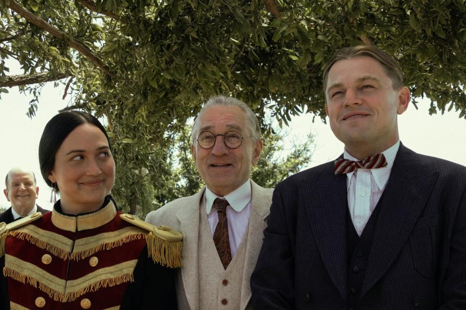 (From left) Lily Gladstone, Robert De Niro and Leonardo DiCaprio in ‘Killers of the Flower Moon’ (Apple TV+)