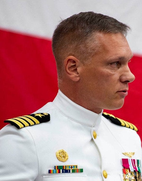 U.S. Navy Capt. Jason Canfield, commanding officer of Naval Station Mayport, addresses the next meeting of Beaches Watch on May 4.