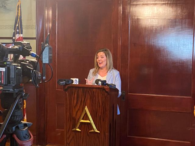 Amarillo Kids First Co-Chair Carmen Fenton speaks out in support of Amarillo Independent School District&#39;s Proposition A at a press conference Thursday morning, ahead of Saturday&#39;s bond election.