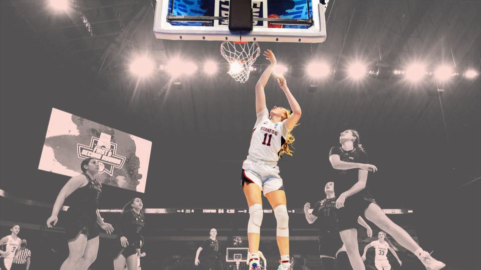 SAN ANTONIO, TEXAS - MARCH 21: Ashten Prechtel #11 of the Stanford Cardinal drives to the basket against the Utah Valley Wolverines in the first round game of the 2021 NCAA Women's Basketball Tournament at the Alamodome on March 21, 2021 in San Antonio, Texas. (Photo by Carmen Mandato/Getty Images)