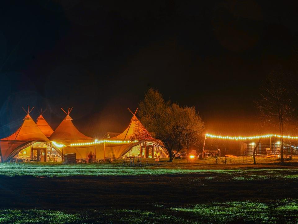 A long-exposure shot at the Under Canvas Resort lacks a view of the stars.