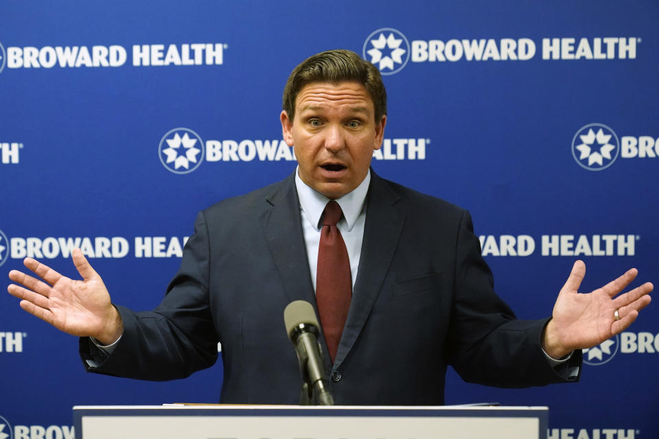 Florida Gov. Ron DeSantis speaks at a news conference, Thursday, Sept. 16, 2021, at the Broward Health Medical Center in Fort Lauderdale, Fla. DeSantis was there to promote the use of monoclonal antibody treatments for those infected with COVID-19. (AP Photo/Wilfredo Lee)
