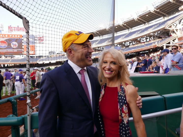 White House advisers Gary Cohn and Kellyanne Conway at the 2017 congressional baseball game at Nationals Park. (Photo: Hunter Walker/Yahoo News)