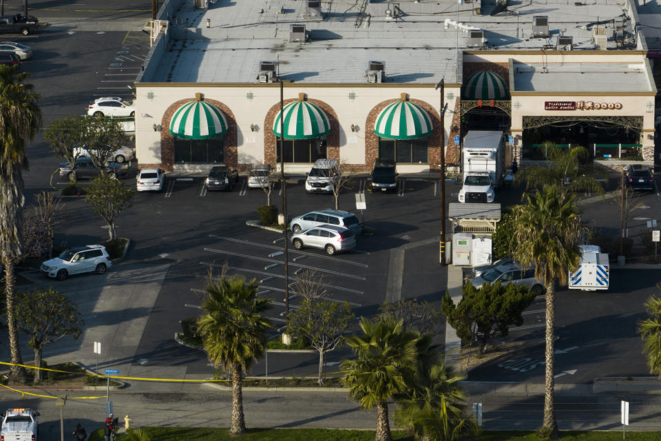 This image taken with a drone shows Star Dance Studio in Monterey Park, Calif., Sunday, Jan. 22, 2023. A gunman killed multiple people at the ballroom dance studio late Saturday amid Lunar New Years celebrations in the predominantly Asian American community of Monterey Park. (AP Photo/Jae C. Hong)