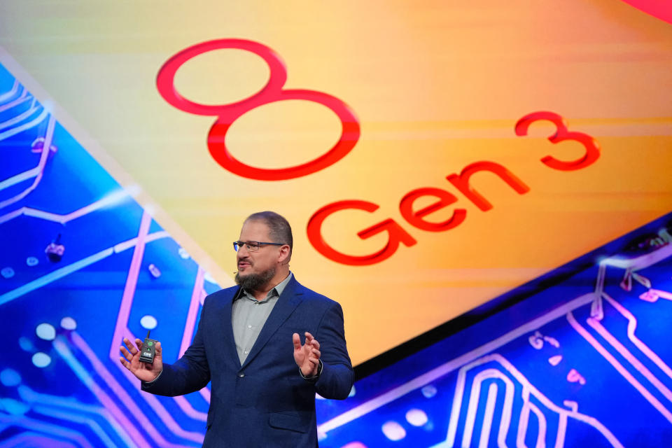 Brazilian Chief Executive Officer and President of Qualcomm, Cristiano Amon, talks during a presentation at the Mobile World Congress (MWC), the telecom industry's biggest annual gathering, in Barcelona on February 25, 2024. The world's biggest mobile phone fair throws open its doors in Barcelona tomorrow with the sector looking to artificial intelligence to try and reverse declining sales. (Photo by PAU BARRENA / AFP) (Photo by PAU BARRENA/AFP via Getty Images)