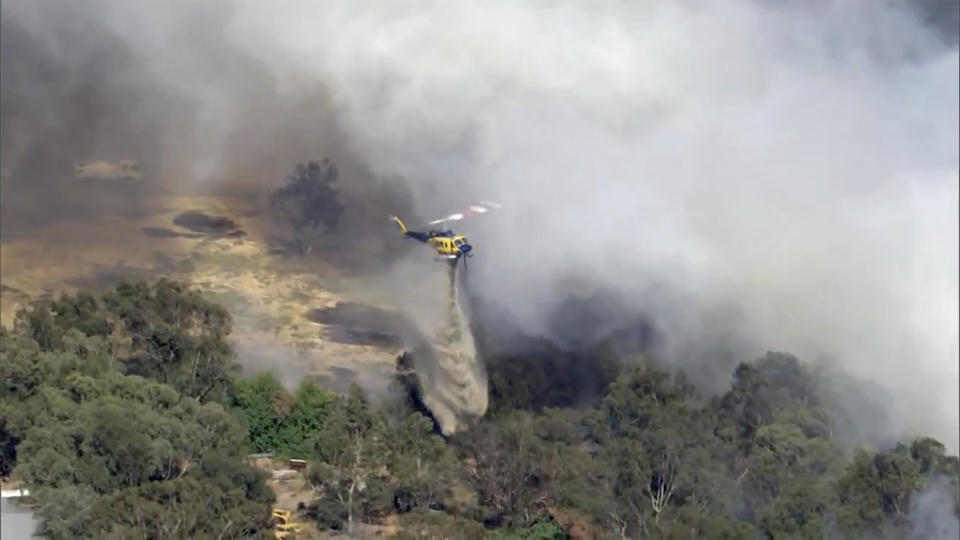 This image made from video shows a helicopter dumping water on a fire in Perth, Western Australia, Australia Thursday, Nov. 23, 2023. Dozens of residents have been evacuated and at least 10 homes destroyed by a wildfire burning out of control on the northern fringe of the west coast city of Perth during heat wave spring conditions, authorities said Thursday. (Australian Broadcasting Corporation/CH7/CH9 via AP)