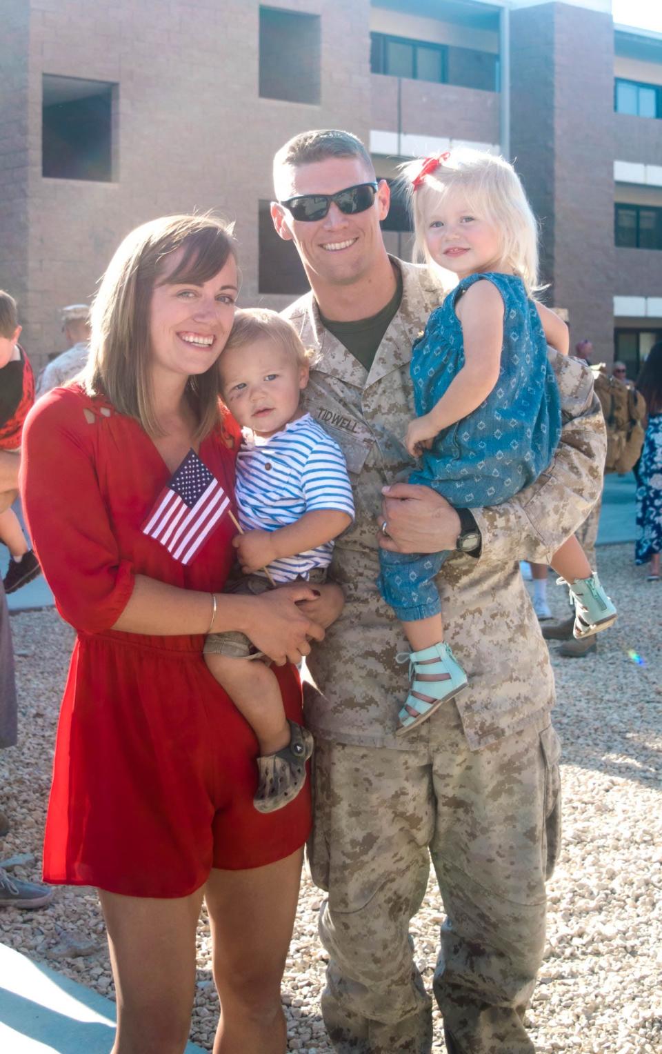 Tyler Tidwell, seen with wife, Cassi, son Bobby and daughter, Alex, deployed overseas several times with the Marines. He rose to the rank of major.