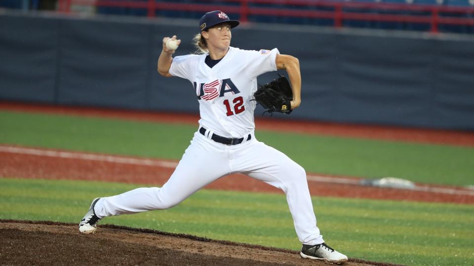 Stacy Piagno pitches for the U.S. Women&rsquo;s National Team on Aug. 23, 2018. (Photo: WBSC)