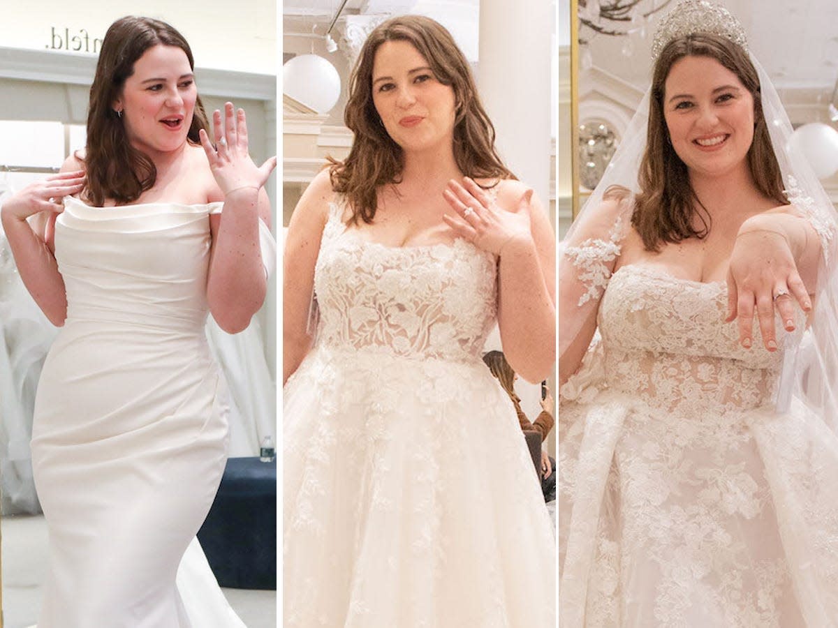 Three photos of a woman in different wedding dresses.