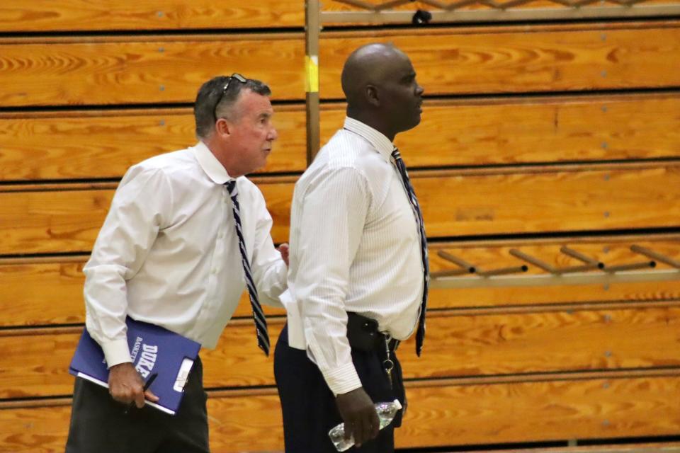 Atlantic coach Tony Watson is locked in for his first regular season game with the Eagles. Royal Palm Beach boys basketball defeated Atlantic, 73-66, in a tight season opener at Atlantic High on November 22, 2023.