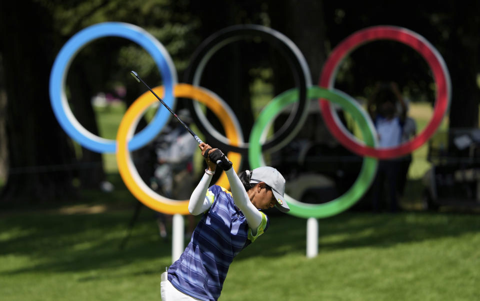 Aditi Ashok, of India, hits a tee shot on the 17th hole during the third round of the women's golf event at the 2020 Summer Olympics, Friday, Aug. 6, 2021, at the Kasumigaseki Country Club in Kawagoe, Japan. (AP Photo/Darron Cummings)