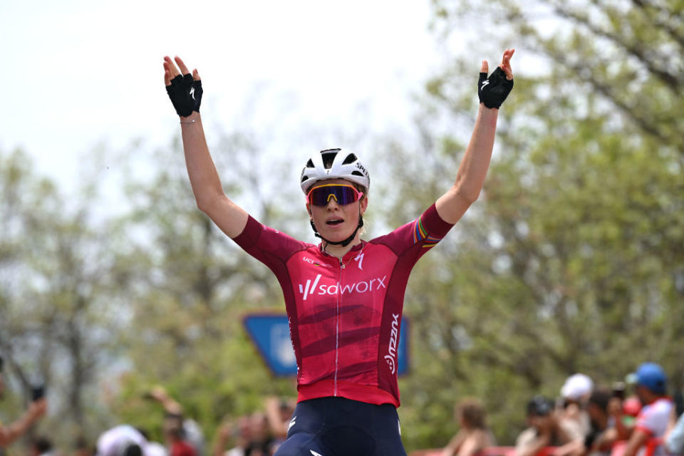 MIRADOR DE PEAS LLANAS SPAIN  MAY 05 Demi Vollering of The Netherlands and Team SD Worx  Pink UCI Womens WorldTour Leader Jersey celebrates at finish line as stage winner during the 9th La Vuelta Femenina 2023 Stage 5 a 1292km stage from La Cabrera to Mirador de Peas Llanas 1479m  UCIWWT  on May 05 2023 in Mirador de Peas Llanas Spain Photo by Dario BelingheriGetty Images