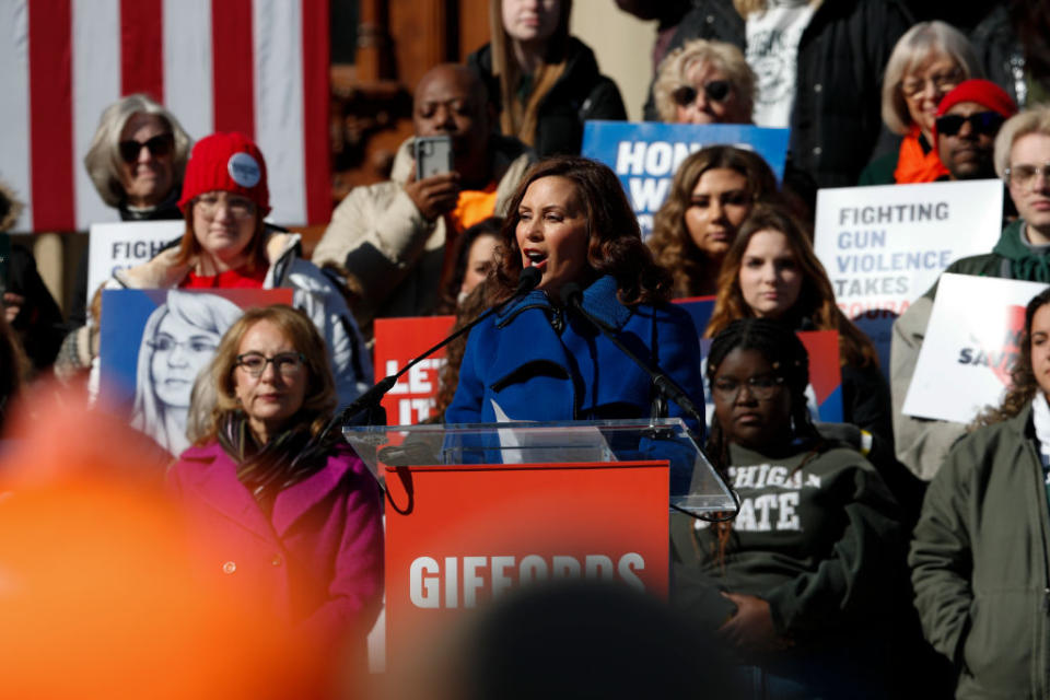 Michigan Gov. Gretchen Whitmer speaks at a rally to demand action on gun safety at the Michigan State Capitol on March 15, 2023.<span class="copyright">Chris duMond—Getty Images</span>