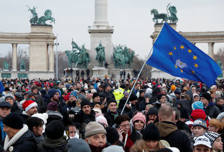 People gather to take part in a protest against a proposed new labor law, billed as the "slave law", at the Heroes' square in Budapest, Hungary, December 16, 2018. REUTERS/Bernadett Szabo