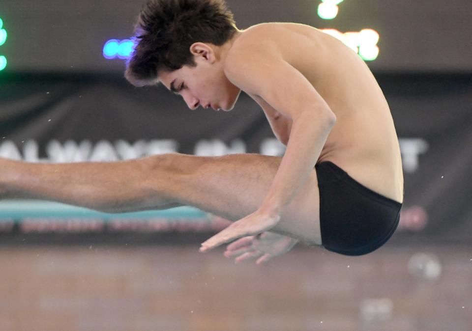 Bexley’s Jackson Monus competes in 2024 OHSAA Boys D2 State Diving Championship at C.T. Branin Natatorium in Canton. Tuesday, February 20, 2024.