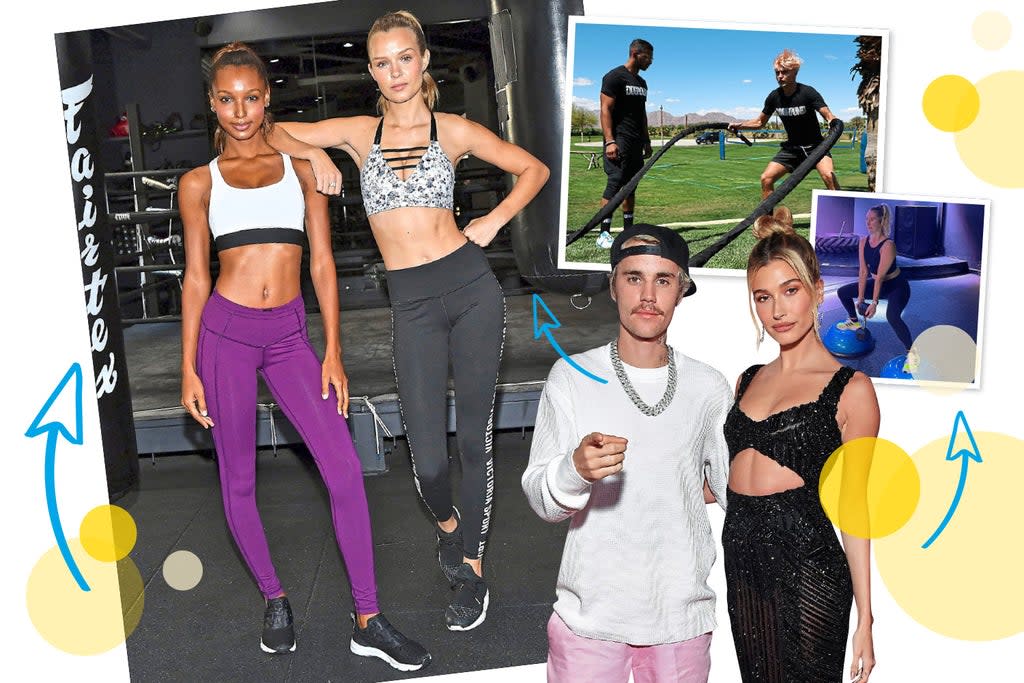 Workout buddy: Jasmine Tookes and Josephine Skriver, the Biebers and Rosie Fitzmaurice takes on a supermodel-approved strength sesh.   (Evening Standard)