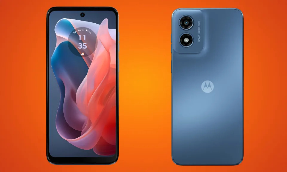 Marketing image of the Moto G Play. The front of the phone is on the left and its back is on the right. Orange gradient background.