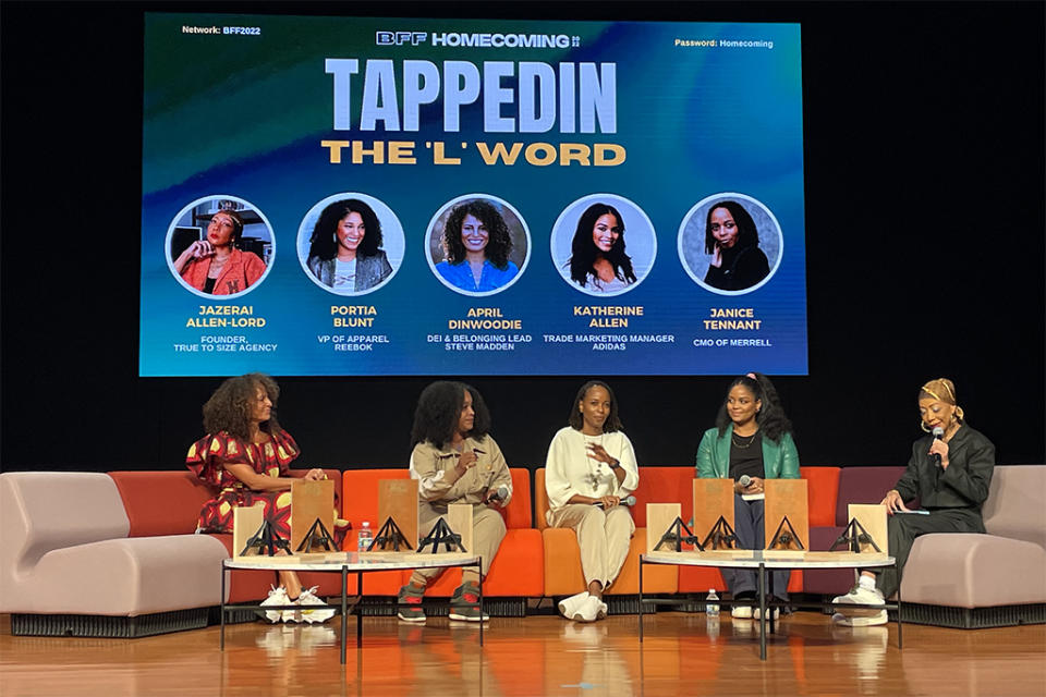 (L to R): April Dinwoodie, Portia Blunt, Janice Tennant, Katherine Allen and Jazerai Allen-Lord at the 2022 National Black Footwear Forum. - Credit: Peter Verry