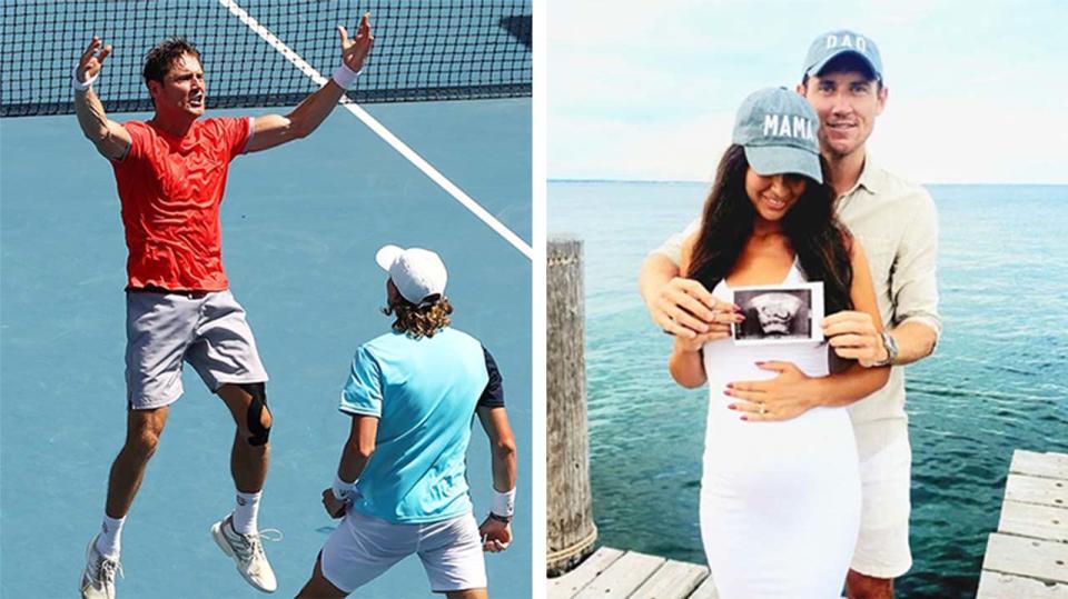 Australian Open doubles finalist Matt Edben (pictured left) celebrating and (pictured right) Matt Ebden with his wife.